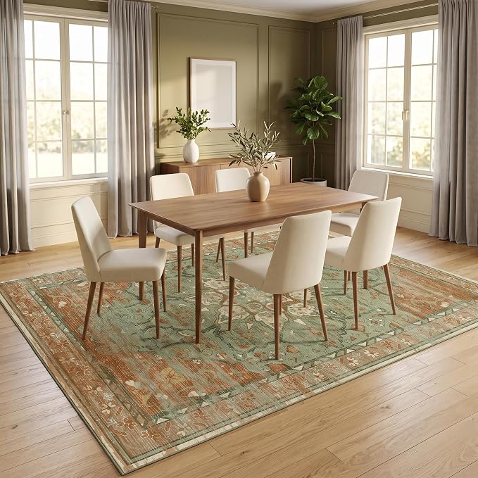 RUGIXE 8'x10' Sage Green/Rust Vintage Boho Washable Living Room Area Rug