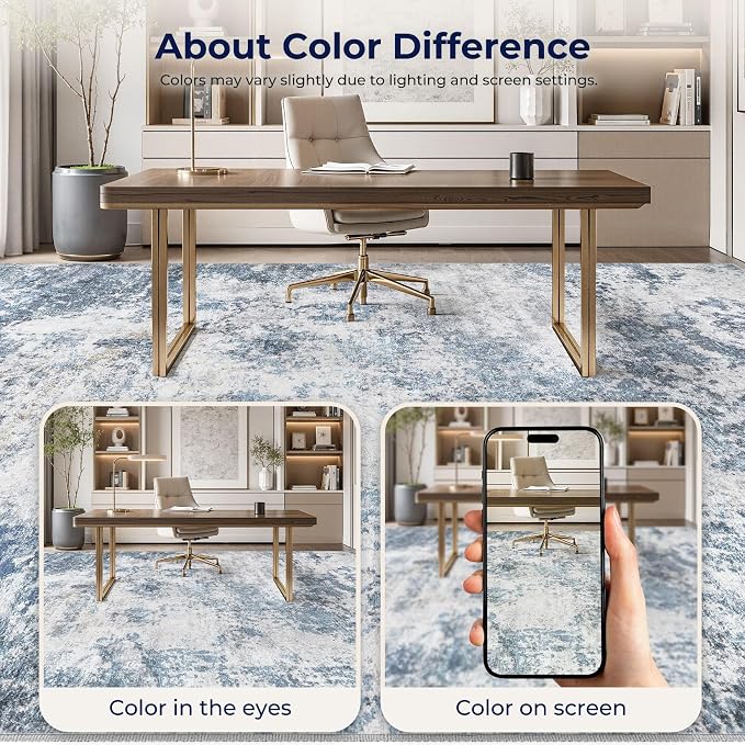 DMOYEST 8x10 Area Rug for Living Room Washable Abstract Indoor Carpet | Neutral Modern Low Pile Rugs Kid & Pet Friendly Large Soft Thin Carpet for Bedroom Dining Room - Blue