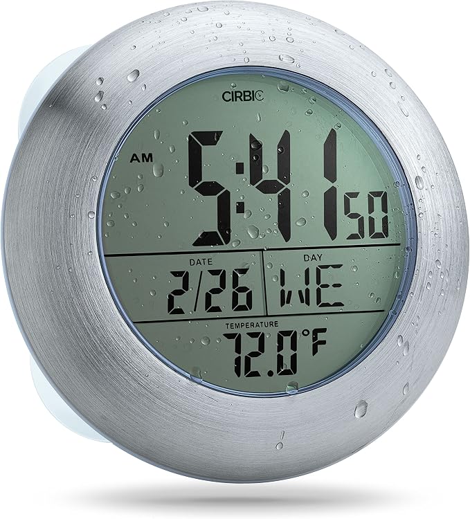 Extra Large Shower Clock with Suction Cups, Date and Temperature, Water Resistant Clock for Bathroom
