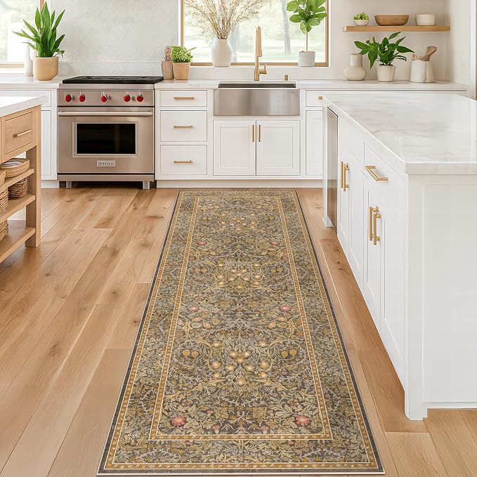 Washable Runner Rug Non Slip 2x6, Gold Brown Runner Rug for Kitchen, Bathroom, Entryway, Hallway, Laundry Room, Bedroom Bedside, Vintage Floral Stain Resistant Soft Low Pile Carpet