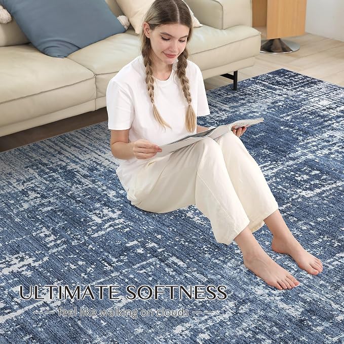 kakania Abstract 8x10 Area Rugs for Living Room: Washable Rugs Dark Blue | Soft, Non-Slip, Low-Pile, Pet & Kid Friendly - Large Modern Home Decor Carpet for Bedroom/Dining Room/Office/Nursery