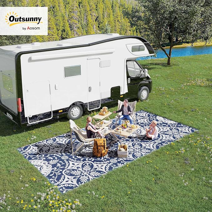 Outsunny Reversible Outdoor Rug Carpet, 9' x 18' Waterproof Plastic Straw Rug, Portable RV Camping Rugs with Carry Bag, Large Floor Mat for Backyard, Deck, Picnic, Beach, Blue & White Floral