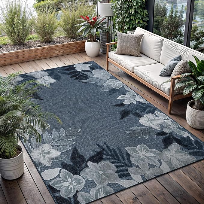 Outdoor Rug 5x7 Washable Area Rugs Indoor Outdoor Carpets Navy Border Floral Non Shedding Waterproof Easy Clean Patio Deck Porch Living Room Bedroom Garden RV (5 X 7 Navy)