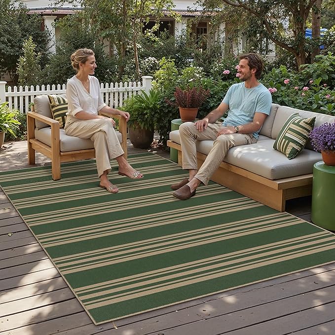 PureCozy Striped Easy Jute Rug 8x10 Green Living Room Carpet Washable Non Slip Bedroom Office Rug Farmhouse Neutral Non Shedding Indoor Outdoor Large Carpet for Kitchen Dining Room