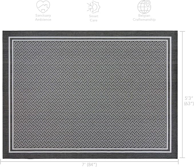Gertmenian Indoor/Outdoor Flatweave Area Rug - 5x7 Standard, Stain & UV Resistant, Ideal for Deck, Patio, Poolside, Mudroom - Border, Black and White, 22256