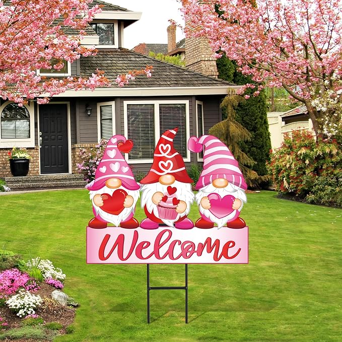 JarThenaAMCS Valentine's Day Metal Garden Stakes Red Pink Heart Gnome Yard Stake Decorative Welcome Lawn Sign for Wedding Anniversary Home Outside Lawn Porch Decor