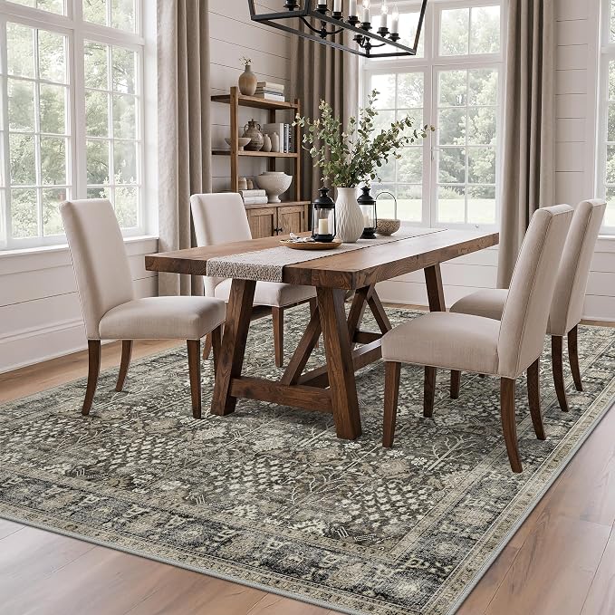 9x12 Area Rug for Living Room, Washable Low Pile, Black | Vintage Distressed Design, Spill Resistant Lightweight Non-Shedding Carpet for Bedroom, Dining Room, Office