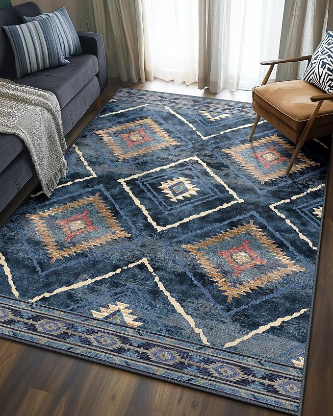 4'x6' Washable Area Rug for Living Room Bedroom Darkblue | Soft Western No Slip Low Pile Print Foldable Indoor for Kitchen Dining Room