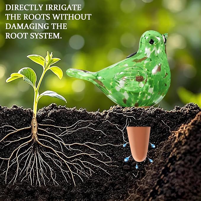 Plant Watering Globes, Bird Glass Self Watering Planter Insert - for Indoor & Outdoor Plants - Glass Plant Water Globes for Daily Use, Planter Spikes to Support Indoor & Outdoor Plant Health, Green