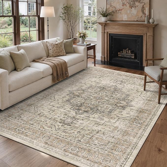5x7 Area Rug for Living Room Soft Washable Vintage Area Rug | Non-Slip, Retro Print, Low Pile, Stain Resistant, Soft Washable Taupe Carpet, for Bedroom, Dining Room, Nursery, Home Office