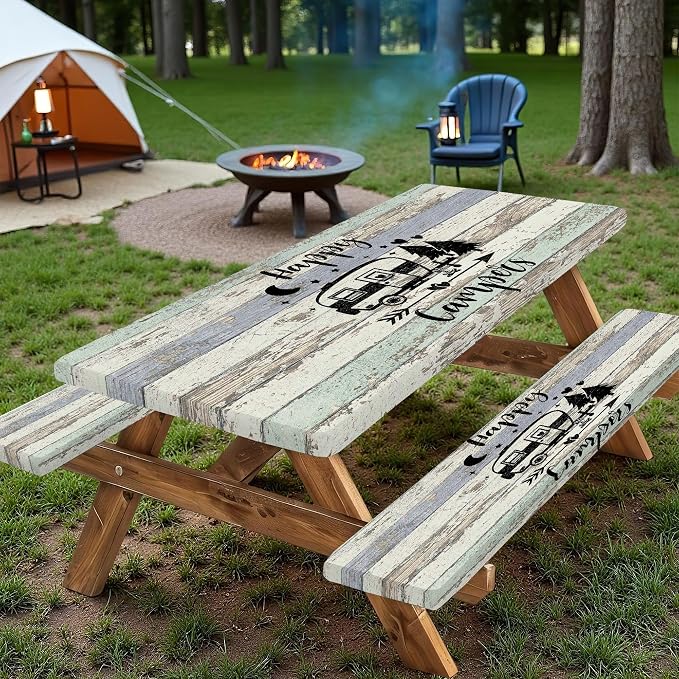 Picnic Table Cover with Bench Covers Elastic Edges, Outdoor Patio Camping Essentials 60 Inch 3PCS, Wooden Camper Fitted Table Cover, Waterproof Rectangle Tablecloth with Drawstring Bag