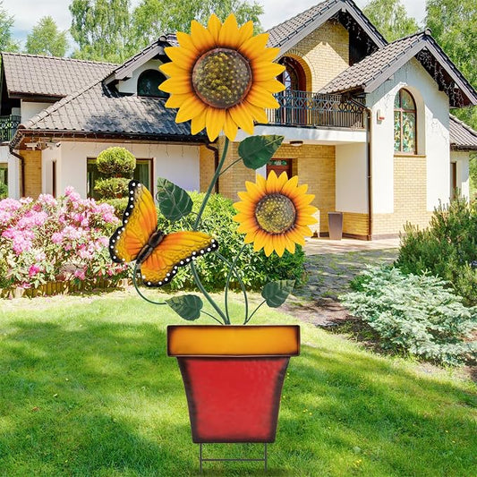 pearlstar Sunflower Decorative Garden Stake 44 Inches Large Metal Art Outdoor Yard Decor Flower Pot Design for Outside Garden Lawn Patio Proch Ornaments,Butterfly