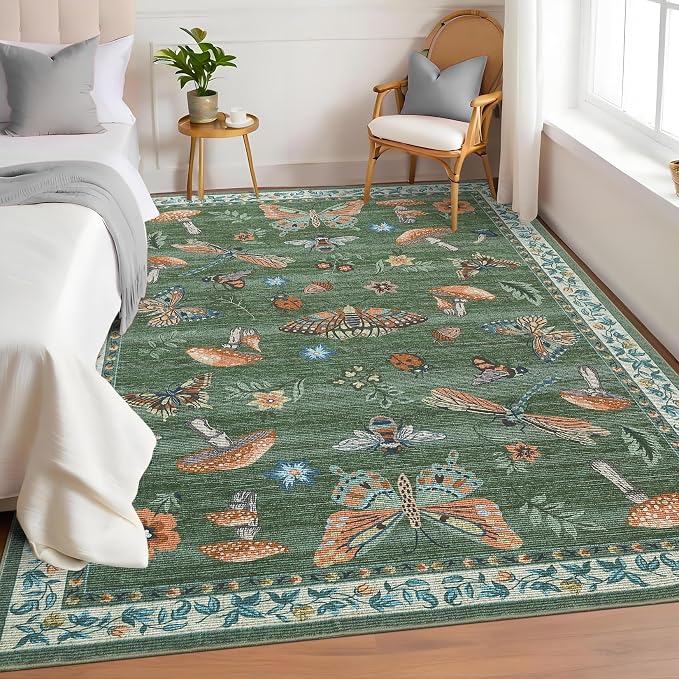 ROYHOME Mushroom Washable Rug 5x7 Area Rugs for Living Room, Insect Print for Bedroom, Non Slip Throw Rugs with Rubber Back, Soft Low Pile Dining Room Carpet for Under Table, Green