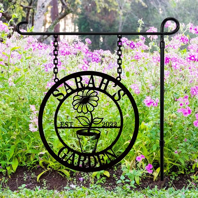 Personalized Garden Sign, Custom Hanging Metal Garden Decor for Outside, Personalized Garden Name Sign with Hook, Outdoor Yard Patio Decor, Gifts for Gardeners, Mom, Grandma, Housewarming