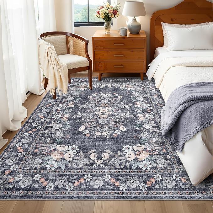 GarveeHome Washable 3x5 Vintage Area Rug for Living Room Bedroom | Boho Botanical Throw Floor Carpets Non-Slip Flower Bordered Accent Mats Floral Area Rugs for Dining Room Office Hallway Blue