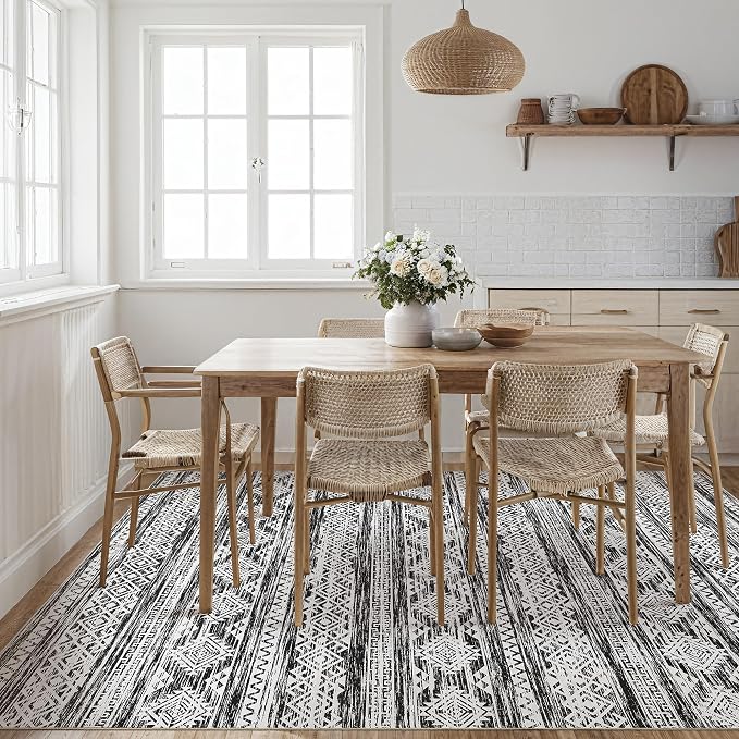 Tortania Area Rug Living Room Rugs - 9x12 Washable Large Soft Neutral Boho Moroccan Bohemian Farmhouse Rug Indoor Floor Carpet for Bedroom Under Dining Table Home Office Decor - Black White