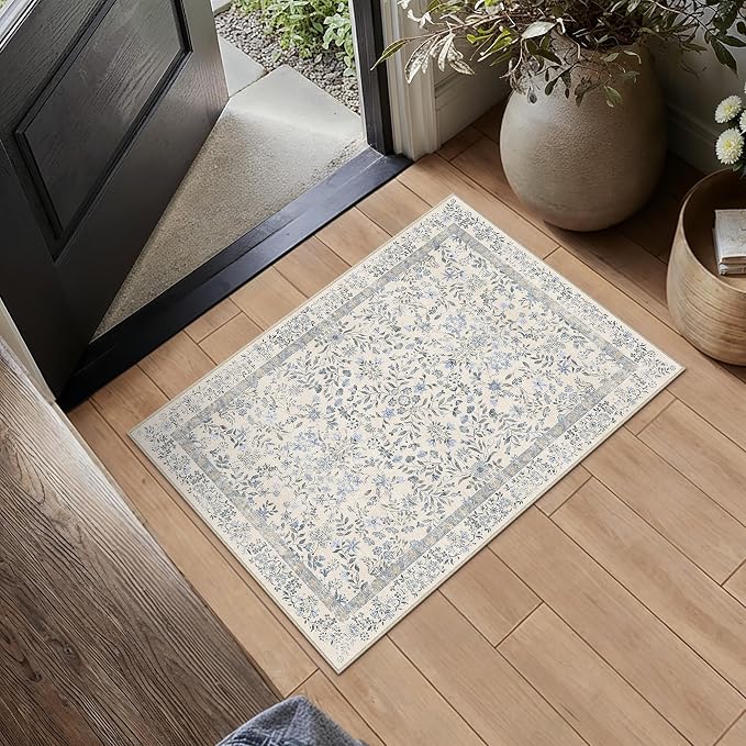 2x3 Blue Floral Small Entryway Rug Vintage Farmhouse Style | Washable, Non Slip, Soft Low Pile, Door Mat for Indoor Entrance, Kitchen, Bathroom, Botanical Decor