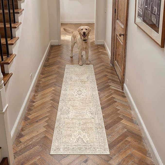 2x6 Taupe Washable Runner Rug Non Slip Vintage Carpet | Low Pile, Stain Resistant, Living Room, Kitchen, Bedroom, Entryway, Laundry Room, Hallway, Soft, Thin, Lightweight
