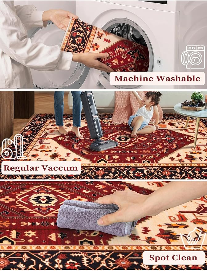 SERISSA 2'6"x14' Washable Non Slip Boho Runner Rug for Hallway，Red Black | Ultra Soft Vintage Oriental Carpet Low-Pile Tribal Floor Carpet for Kitchen Bedroom Entryway Bathroom Laundry Room