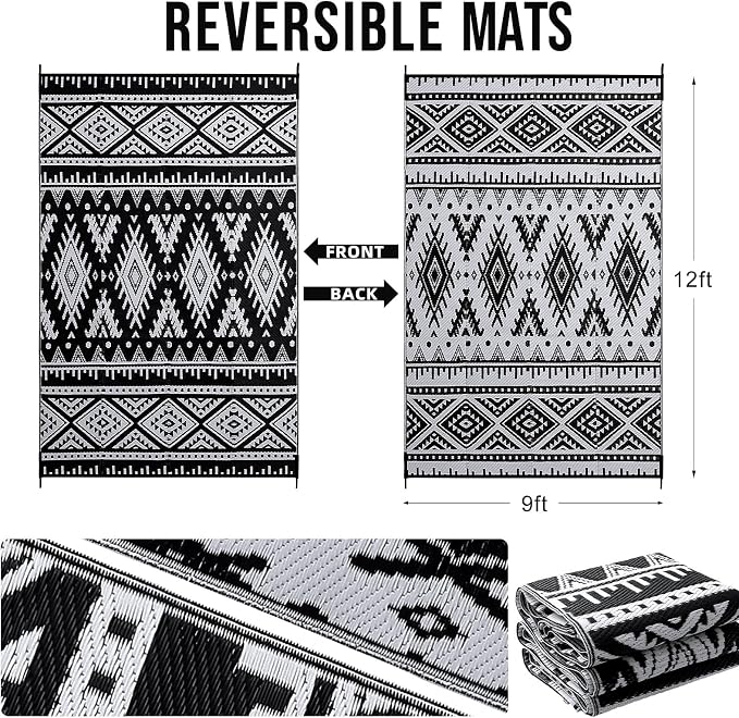 OLANLY Outdoor Rug Waterproof 9x12 ft, Reversible Outdoor Plastic Straw Rug, Boho Patio Rug, Indoor Outdoor Carpet, RV Mat Outside for Patio, Camp, Picnic, Balcony, Deck, Backyard, Black & White