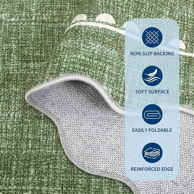 GarveeHome Scalloped Hallway Runner Rug 2.5x10 Non Slip Bedroom Rugs, Green | Washable Bow Rug for Girls Dorm Nursery Living Room Entyrway Kitchen, Soft Low Pile Ultra-Thin Stain Resistant Indoor Carpet