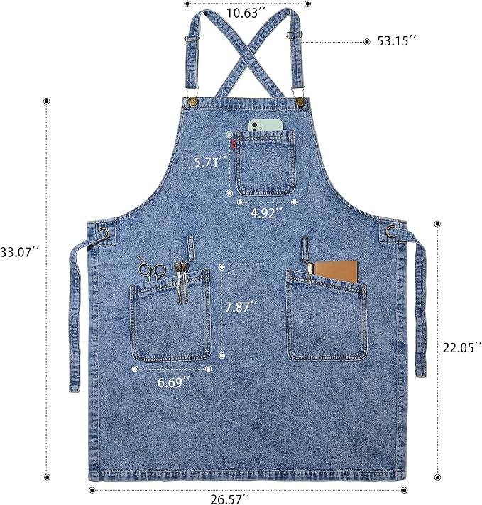 Denim Chef Apron for Women with Pockets, Jean Waitress Server Kitchen Apron for Men Cooking Gardening Painting