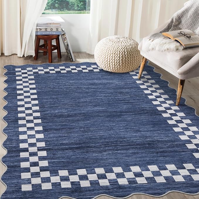 GarveeHome Small Bedroom Area Rug 3x5 Checkered Area Rug for Living Room | Nursery Non Slip Kitchen Throw Carpet Low Pile Modern Bordered Rugs Washable Brown Rugs for Laundry Entryway, Blue
