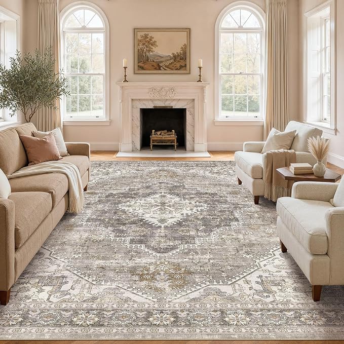 DTICON Vintage Washable 8x10 Area Rug Living Room Rugs, Taupe | Boho Distressed, Pet & Kid Friendly, Non-Slip Backing, Soft Polyester, Low-pile Carpet for Living Room, Bedroom, Dining Room