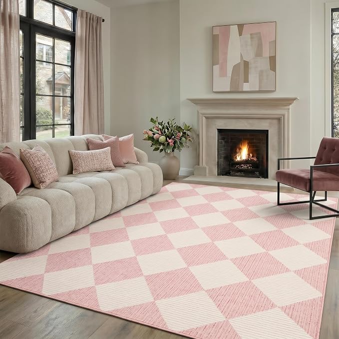 GarveeHome Pink Area Rugs 8x10 Modern Living Room Checkered Washable Rug | Large Soft Non Slip Backing Floor Mat Carpet Indoor Thin Rug for Bedroom Dining Room Playroom Nursery Home Decor