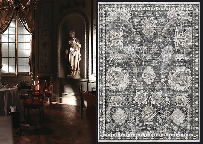 Washable Area Rugs - Perfect for Living Room, Bedroom, Kids Room, Nursery - Stain & Water Resistant Non-Slip, Pet & Child Friendly, Vintage Tribal Area Rugs (Grey, 9' x 12')