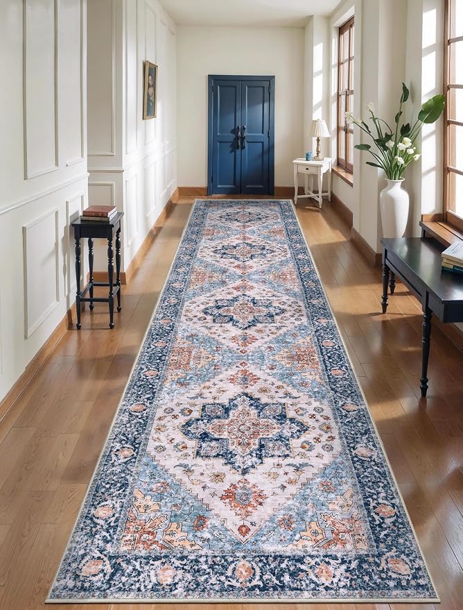 SERISSA 3x14 Washable Non Slip Boho Runner Rug for Hallway，Blue Orange | Ultra Soft Vintage Oriental Carpet Low-Pile Tribal Floor Carpet for Stair Kitchen Bedroom Bathroom Laundry Room