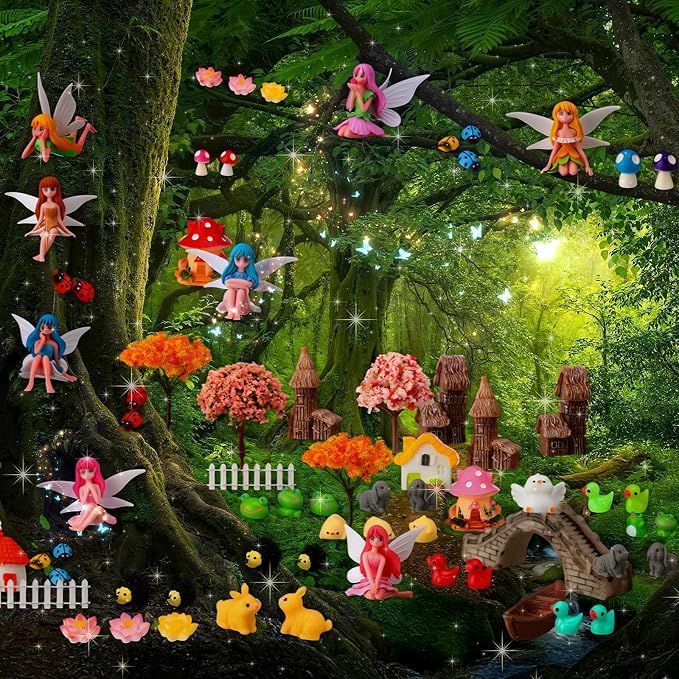 Seenelling 150 Pcs Fairy Garden Accessories Miniatures Figures Kit Micro Landscape Resin Mushroom Animals Fake Pond Lawn Bridge Garden Decoration