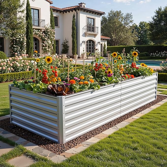 YITAHOME 2pcs 8x4x2ft Galvanized Raised Garden Bed, Metal Planter Box with Safety Rubber, Gloves, Outdoor Flower Bed for Planting Plants Vegetables, Silver