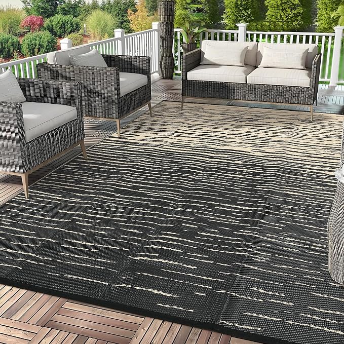 Garvee 6x9 RV Outdoor Rug Waterproof, Modern Striped Outdoor Plastic Straw Rug, Reversible UV Resistant Abstract Outside Rugs for Picnic Backyard Deck Balcony Porch Beach, Black Coffee