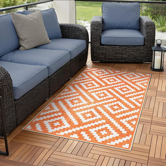 GENIMO Outdoor Rug for Patio Clearance, 3'x5' Indoor Area Rug, Waterproof Reversible Fall Doormat, Outside Camping Carpet for Porch, Living Room, Balcony, Deck, Bedroom, Picnic, White Orange