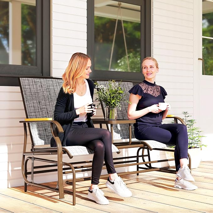 Outsunny 2 Person Outdoor Glider Bench, Patio Swing Glider Chair Loveseat with Breathable Mesh, Table, Steel Frame for Garden, Backyard, Porch, Gray