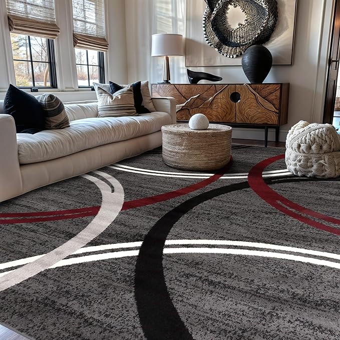 Rugshop Wavy Circles Modern Non-Shedding Living Room Area Rug Red 6'6" x 9' | Rectangular, Size 6'6" x 9', Bedroom, Dining Room, Home Office, Kitchen, Entryway, Hallway, Nursery, Kids Room, Guest Room
