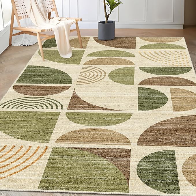 3x5 Rug Washable,Boho Area Rugs Small Non Slip Modern Abstract | Machine Washable Throw Carpet for Bedroom Entryway Living Room Bedside Soft Low Pile Bohemian Vintage Green and Brown