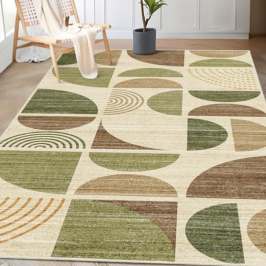 3x5 Rug Washable,Boho Area Rugs Small Non Slip Modern Abstract | Machine Washable Throw Carpet for Bedroom Entryway Living Room Bedside Soft Low Pile Bohemian Vintage Green and Brown
