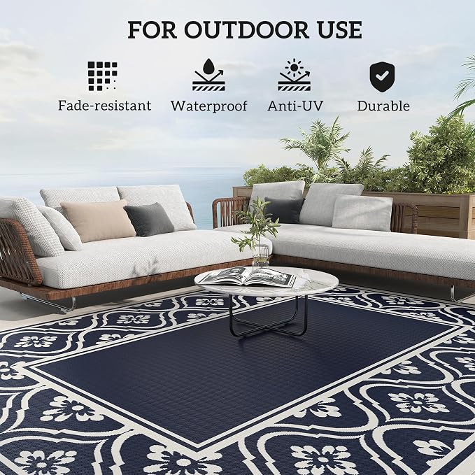 Outsunny Outdoor Rug for Patio, 8' x 10' Waterproof Large Mat, Reversible Plastic Straw Rug for Decor, Portable Outside RV Camping Area Carpet Mat for Backyard Porch Deck Picnic, Blue & White Gourd