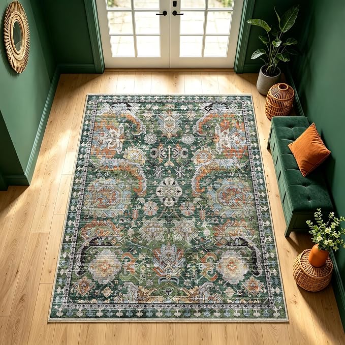 Washable Area Rugs - Perfect for Living Room, Bedroom, Kids Room, Nursery - Stain & Water Resistant Non-Slip, Pet & Child Friendly, Vintage Tribal Area Rugs (Green, 4' x 6')