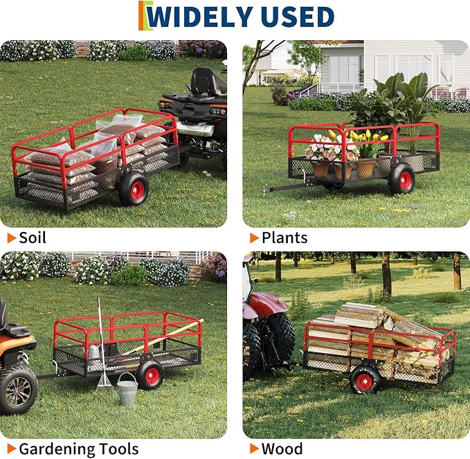 PeakPursuit Tow Behind Steel Dump Cart, Heavy Duty Yard Garden Trailer with Removable Sides & All Terrain Tires, Fits Lawn Mower, Tractor, Garden Cart, 1600 lbs 22 Cubic Feet, Red