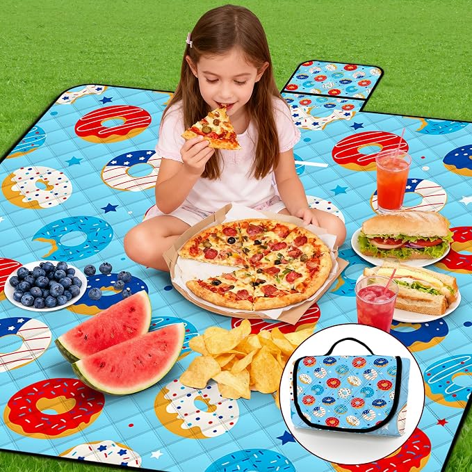 Poedist Extra Large Picnic Blanket Waterproof,80"x 80"Foldable Machine Washable Beach Blanket,Outdoor Blanket for 6-8 Adults, for Indoor Crawling,Park Beach,Camping,Hiking,Family Travel(Doughnut)