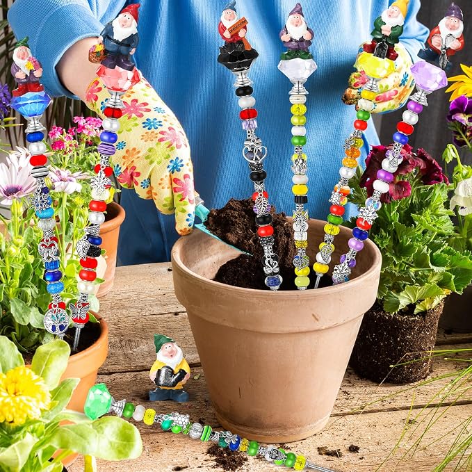 Lineshading 160 Pcs Fairy Wand Gnome Garden Stakes DIY Beaded Stake Garden Decor Includes 7 Crystal Stopper Top 7 Gnome 112 Large Hole Beads 20 Silver Pendants 7 Threaded Rods 7 Pcs Nuts,for Craft