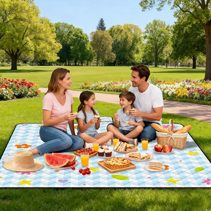 Extra Large Picnic Blanket Waterproof,80"x 80"Foldable Machine Washable Beach Blankets,Outdoor Blanket for 6-8 Adults,Picnic Mat Suitable for Indoor Crawling,Park Beach,Camping,Hiking,Travel( Flower)