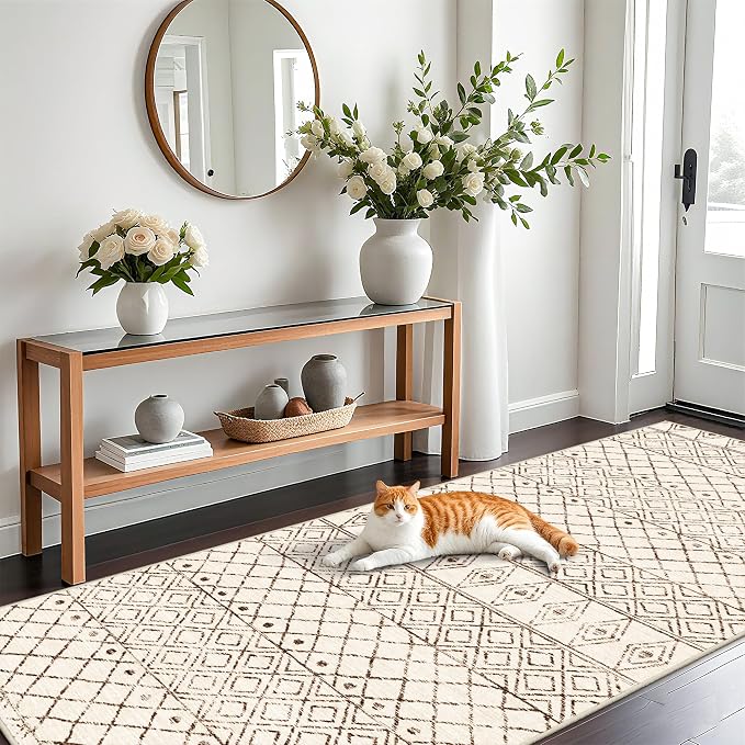 Washable 4x10 Non Slip Moroccan Runner:Hallway Runner Rug Geometric Beige | Modern Low Pile Soft Pets Friendly Runners - Indoor Thin Carpet for Kitchen Bedroom Entryway Laundry