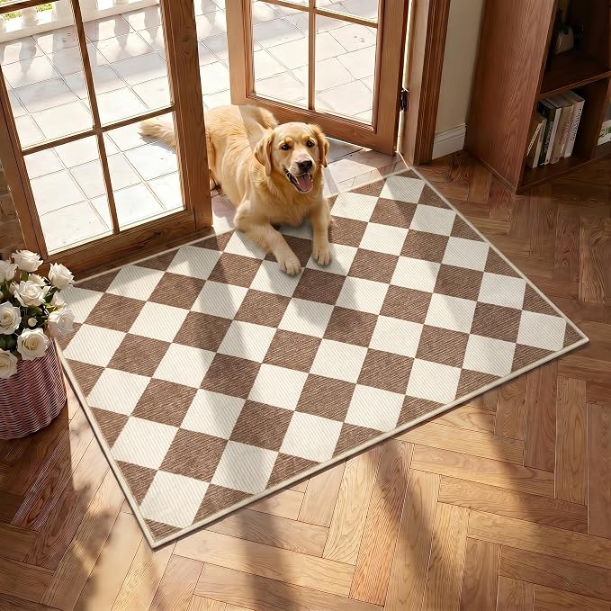 GarveeHome Checkered Entryway Rug 2x3 Brown Diamond Washable Front Door Rug | Soft Indoor Entrance Plaid Carpet Non-Slip Low Pile Throw Rugs for Kitchen Floor, Powder Room, Entry, Bathroom, Kids Room