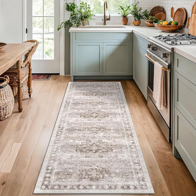 Boho 2x7 Long Runner, Neutral Farmhouse Hallway Rug, Small Throw Runners for Bedroom, Bathroom, Kitchen, Vintage Floral Decor & Non-Slip Low-Pile Washable Stain Resistant, Latte Beige