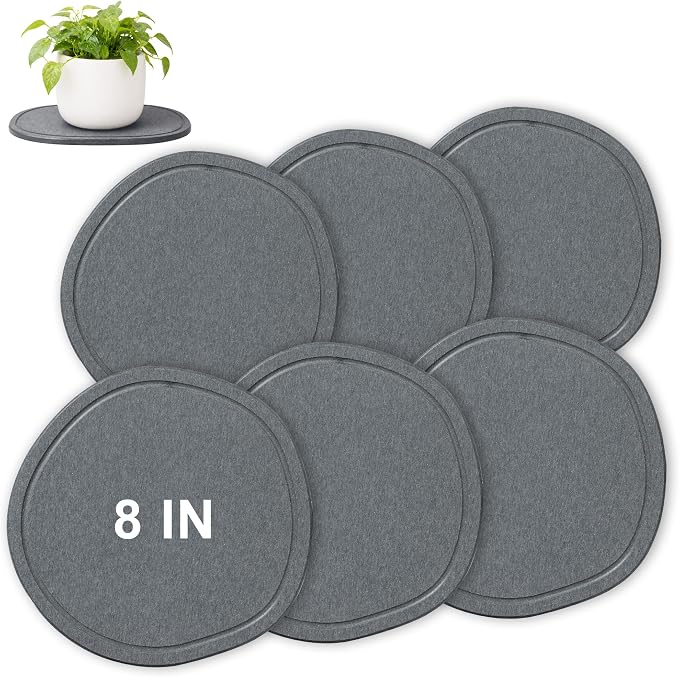 8 Inch 6 Pcak Diatomite Plant Saucers for Indoors Outdoors, Flower Plant Pot Saucers Drainage Trays to Catch Water, Diatomaceous Earth Planter Plates Water Catcher Drip Trays, Stone Dark Grey
