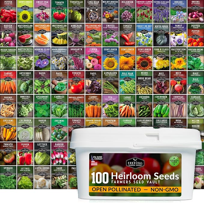 Survival Farmer Seed Vault – 100 Pack of Heirloom Vegetable Seeds for Planting – Non-GMO Vegetables, Fruits, Herbs – Sealed Kit for Long-Term Emergency Storage – Survival Garden Seeds